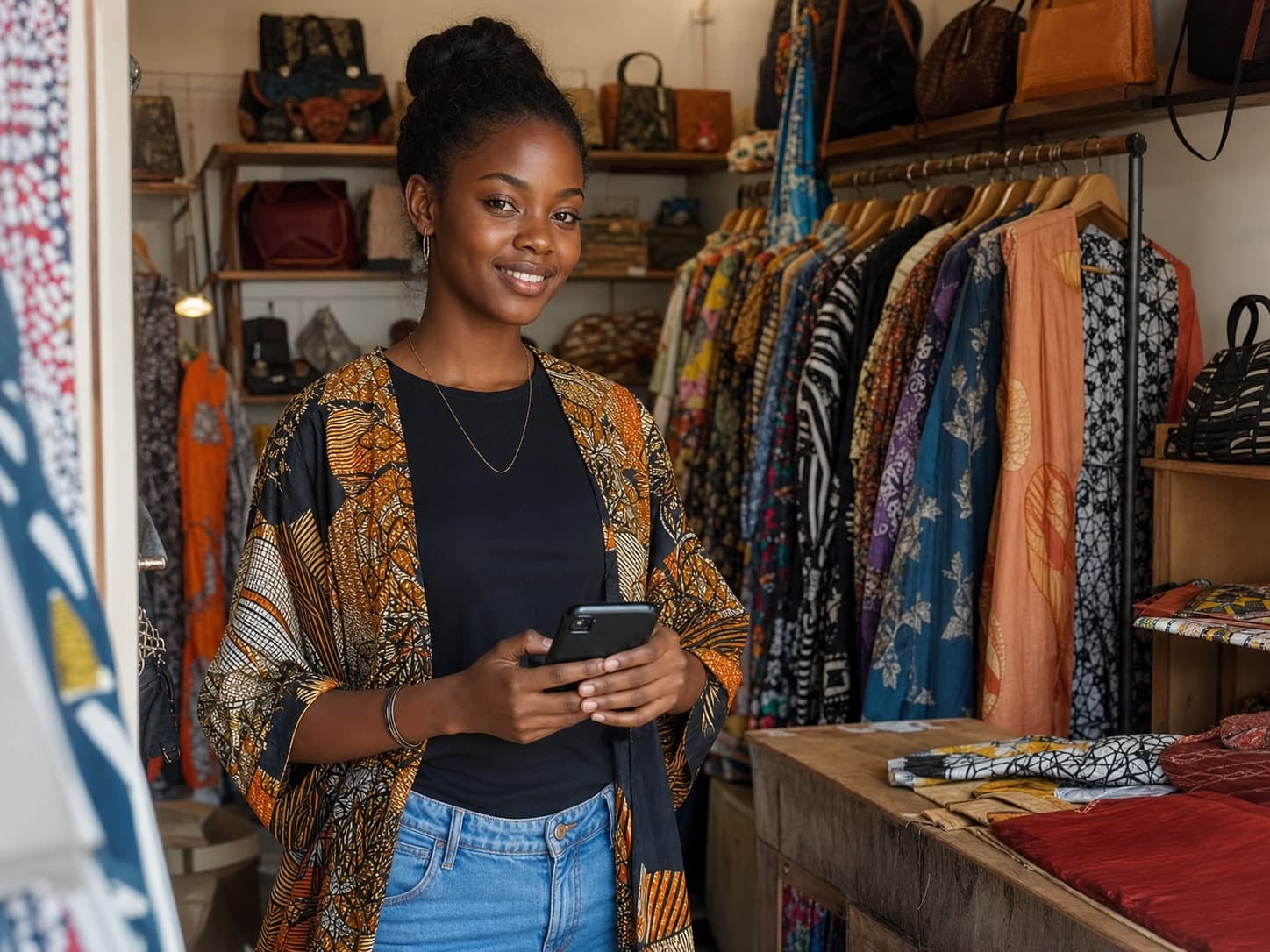 Jeune vendeuse sénégalaise dans sa boutique de vêtements.